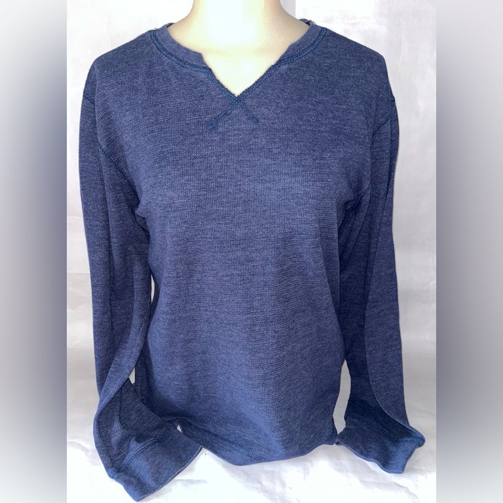 Classic Navy Blue Long Sleeve V Neck Henley Thermal Shirt Size Large L unisex